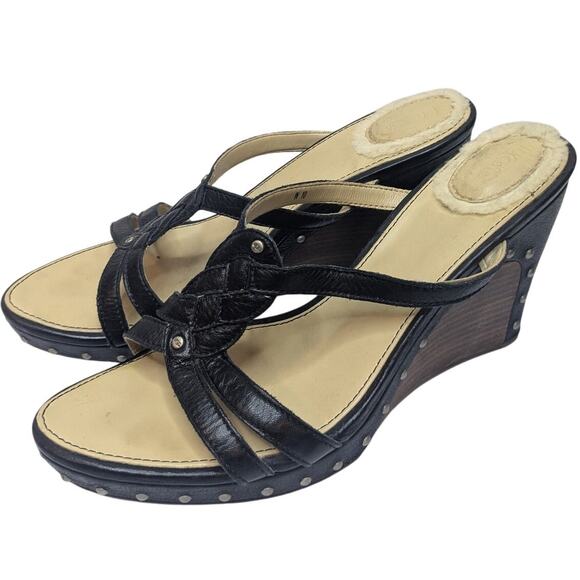 UGG Women Sz 10 Lourdes Studded Black Leather Upper Platform Wedge Sandals $165 - Picture 1 of 7